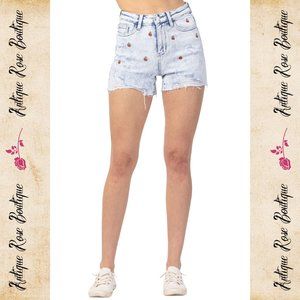 🌹 Judy Blue Cherry Embroidery Acid Wash High Rise Cutoff Shorts EUC